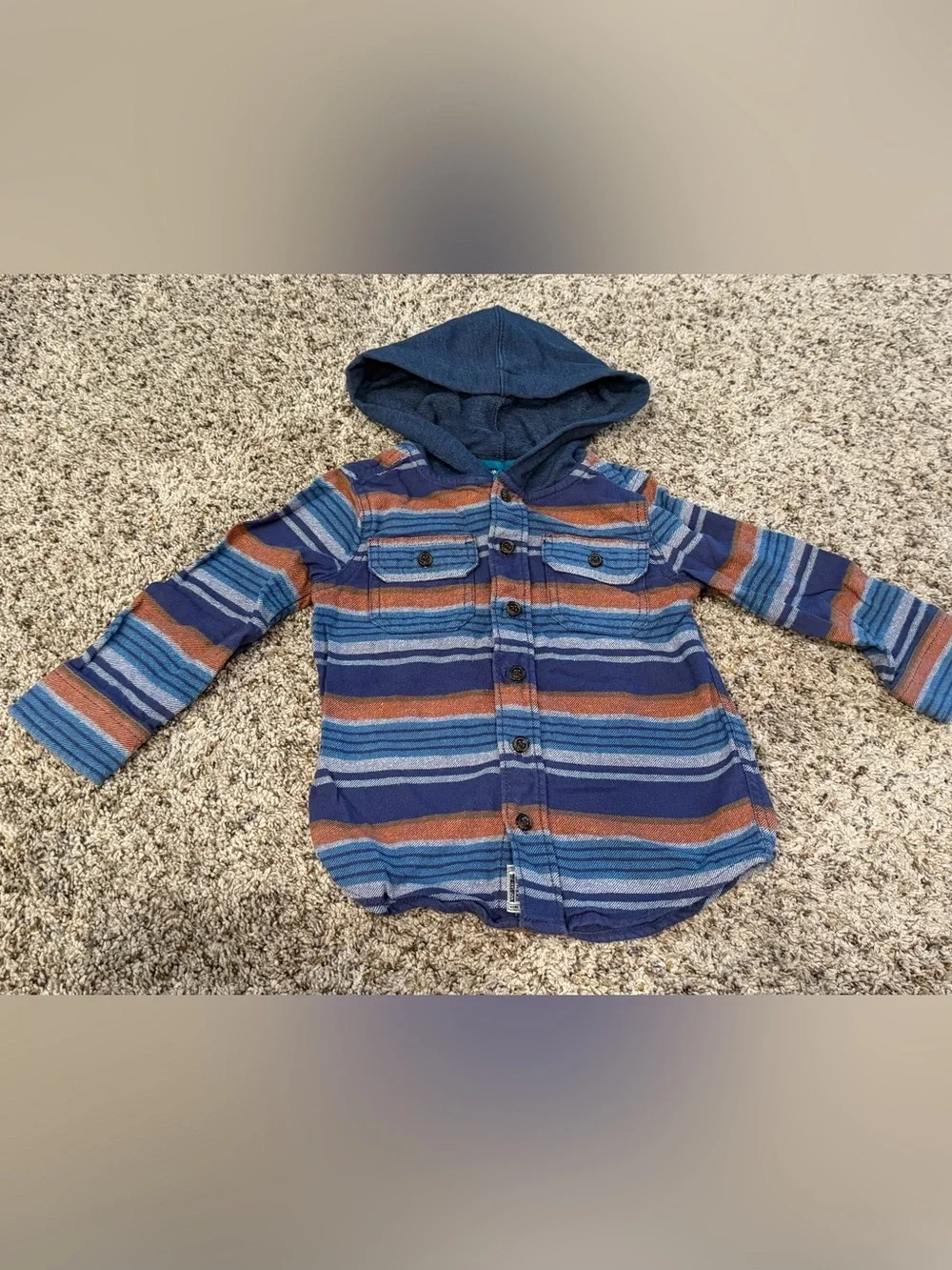 Oshkosh Striped Hooded Button-Front Shirt Jacket in Blue and Rust Sz 3T